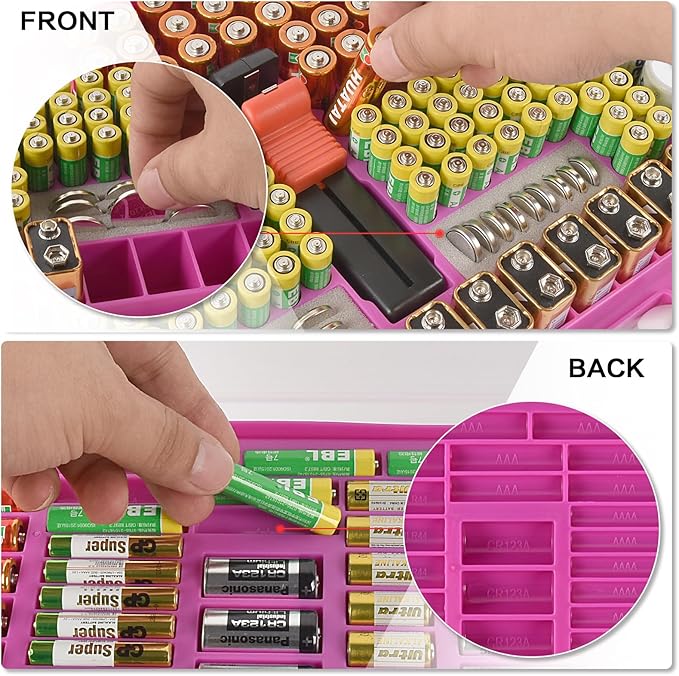 Battery Organizer Storage Holder Case with Double-Sided, Garage Box with Tester Checker. Batteries Container for 269pcs AA AAA AAAA 3A 4A 9V C D Lithium 4LR44 CR2 CR123A CR1632 CR2032 18650 - Purple