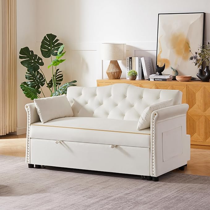57" Velvet Pull-Out Sofa Bed, 3-in-1 Convertible Loveseat with Gold Trim Strips and Adjustable Backrest, Perfect for Living Rooms, Offices and Apartments (Beige)
