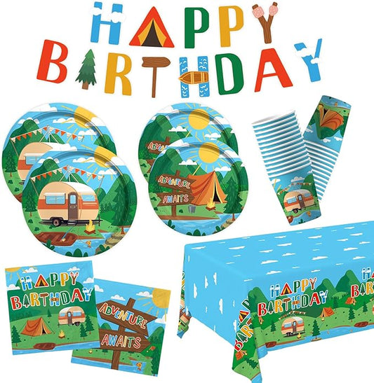 Happy Camper Birthday & Camping Party Decorations Set - Serves 25 with Disposable Plates, Cups, Napkins, Tablecloth & Banner, 1st Birthday, Camping Themed Events & Wedding Parties