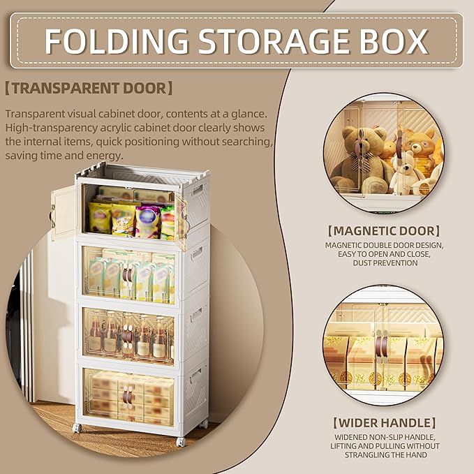 340 QT / 85 Gal Magnetic Door Storage Bins Collapsible Stackable w/1 Lid, Heavy Duty Plastic Cabinet with Wheels for Home Office Organization (White)