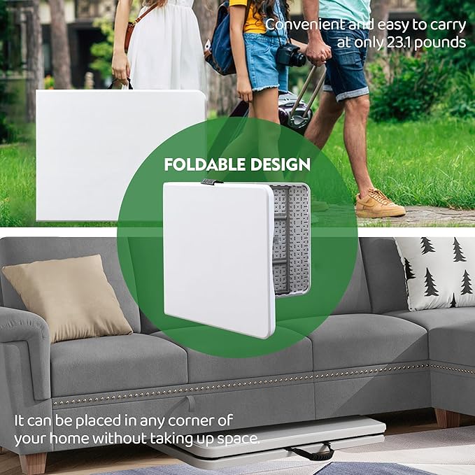 Foldable Table, Plastic 6FT Folding Table, Indoor Outdoor Portable Utility Table with Handle for Party, Camping and Picnic, White