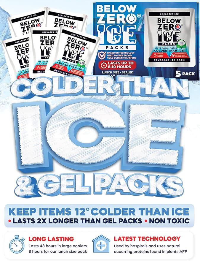 Below Zero Prefilled Reusable Ice Packs for Coolers | Long Lasting Freezer Ice Blocks for Camping, Lunch Bags & More | 48 Hour Cooler Ice Pack Technology
