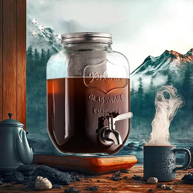 1 Gallon Cold Brew Coffee Maker - 3rd Generation Fine Mesh Filter - Stainless Steel Spigot - Extra Thick Large Glass Mason Jar Drink Dispenser Carafe, Iced Coffee Maker & Sun Tea Pitcher with Infuser.