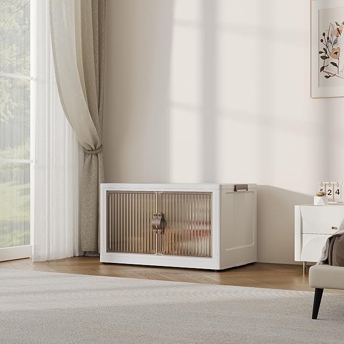 JONZEN 48Qt Stackable Storage Bins with Lid, 12GAL Collapsible Storage Bins with Wheels, Closet Organizer and Storage Drawer, Plastic Clothes Storage Cabinet Containers for Home, 1Pack Cream White