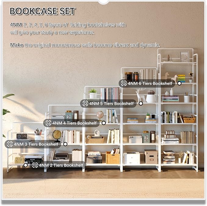 4NM 2 Tiers No-Assembly Folding Bookshelf with Wheels, Portable Rolling Storage Foldable Bookcase & Compact Side Table for Living Room, Bedroom, Kitchen, Bathroom (All White)