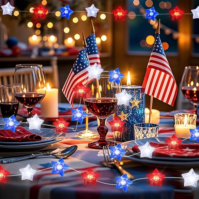 4th of July Decorations String Lights 2Pack, 16FT 50LED Red White Blue Stars Patriotic String Lights with Remote, USB & Battery Powered Fairy Light for Patriotic Memorial Day Independence Day Decor
