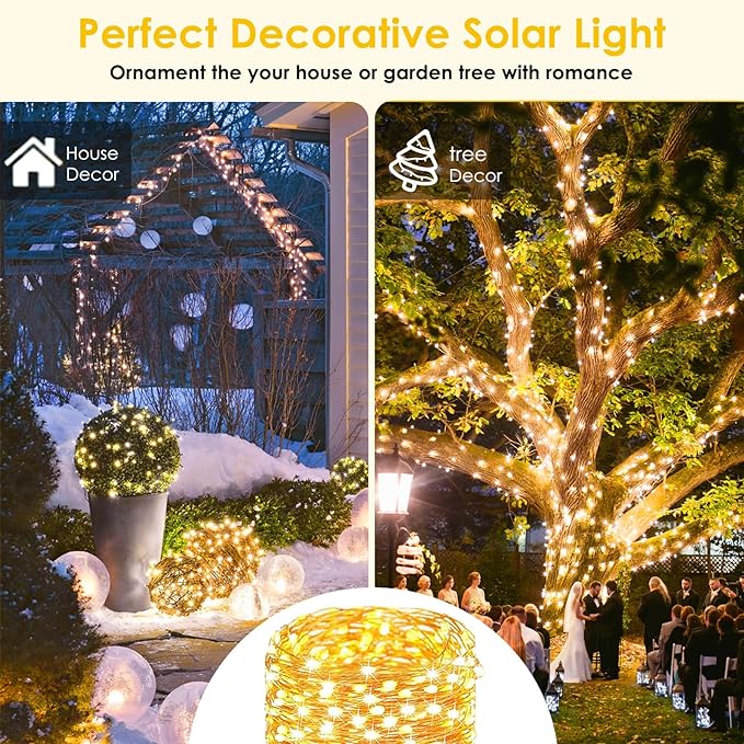 4-Pack Solar String Lights for Outside, Total 400LED Solar Lights Waterproof, Outdoor Twinkle Light Copper Wire 8 Modes Fairy Light for Xmas Tree Garden Party Wedding Decor (Warm White)