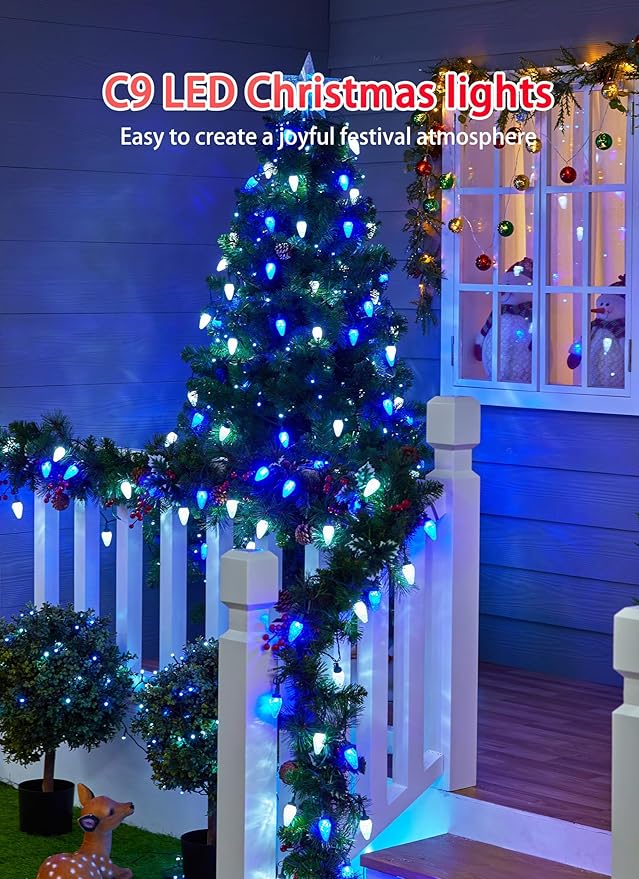 2 Pack C9 LED Christmas String Lights - Each 82ft 100 LED Outdoor String Lights with Timer and 8 Lighting Modes, Plug in Extendable Roofline Lights String for Outside Yard Christmas Holiday Decor