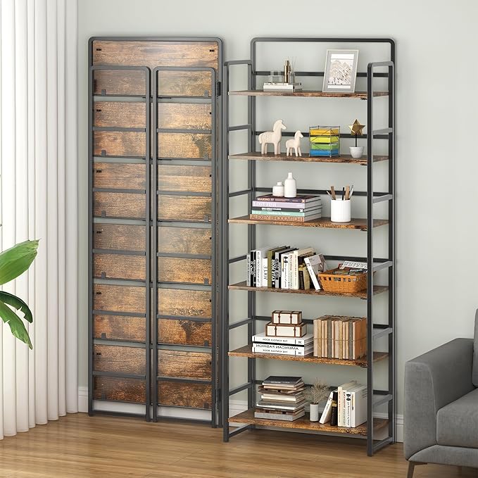 4NM No-Assembly 6 Tiers Folding Bookshelf Storage Shelves Vintage Bookcase Standing Racks Study Organizer Home Office (Rustic Brown Black)