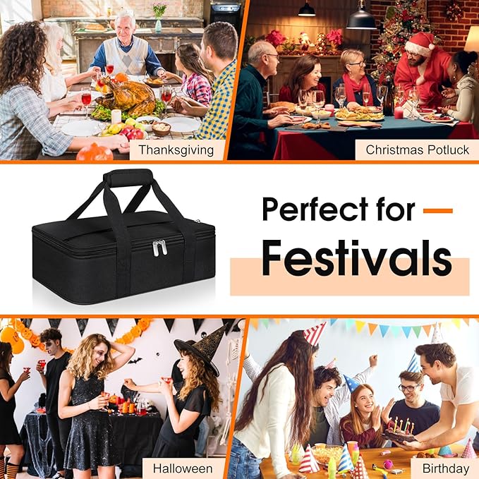 Insulated Casserole Carrier, Portable Casserole Carrier for Hot or Cold Food Lunch Tote Warmer or Cooler Bag, Lasagna Lunch Bag for Potluck Parties- Fits 9" x 13" Baking Dish-Black