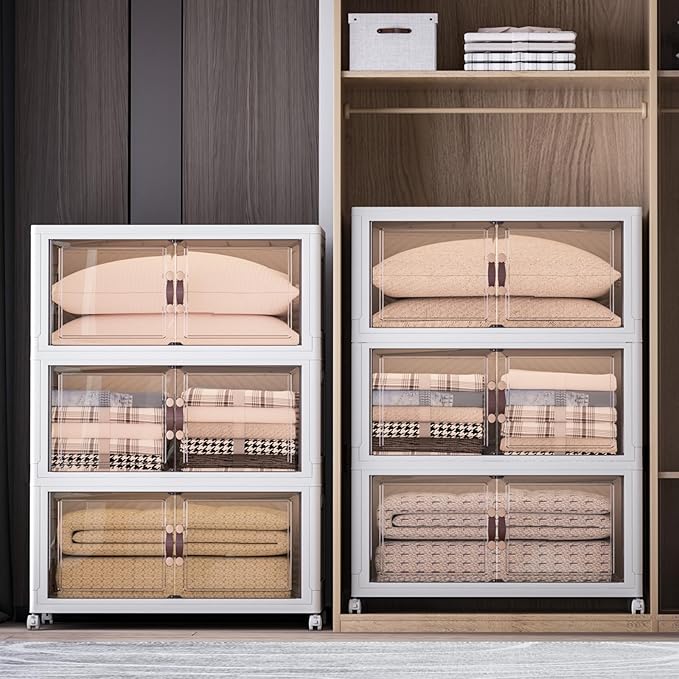 Extra Large Stackable Storage Bins with Lids & Wheels & Door, 960QT-160QT/40GAL*6Pack Foldable Collapsible Closet Organizers, Plastic containers drawers for bedroom Dorm