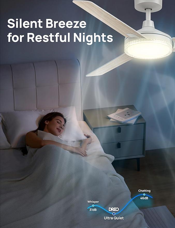 Dreo Smart Ceiling Fans with Lights, 52 Inch White Ceiling Fan, 12 Speeds & 3 Fan Modes, Stepless Color Tones, Dimmable LED Light, 1-12H Timer, Quiet DC Motor, Remote/APP/Alexa/Wall Switch Control