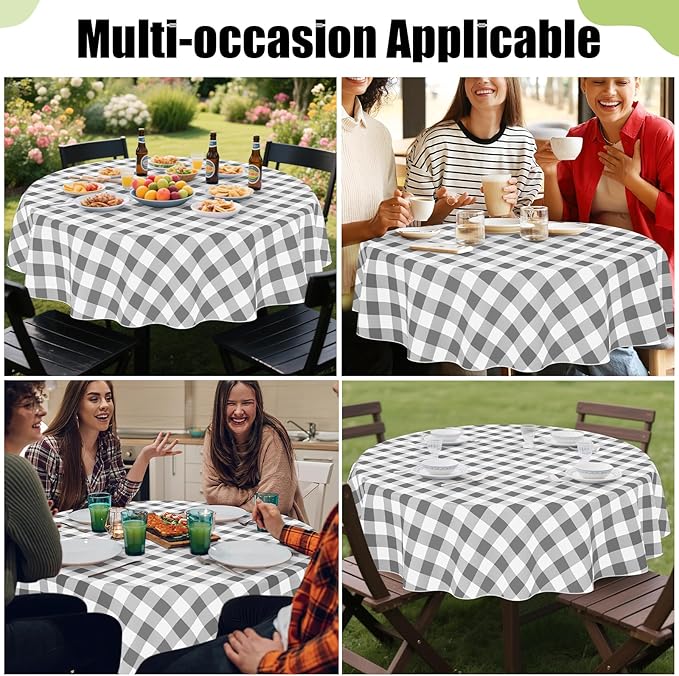 Smiry Round Plastic Table Cloth, Waterproof Vinyl Tablecloth with Flannel Backing, Wipeable Buffalo Plaid Table Cover for Dining, Indoor and Outdoor (Grey & White, 60" Round)