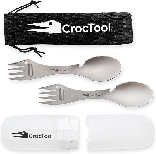 Spork Ultra Lightweight and Strong 5 in 1 Camping Utensil Set-Spoon+Fork+Knife+Peeler+Bottle Opener+Bag+Carry case. Ideal for Outdoors, Home or Office