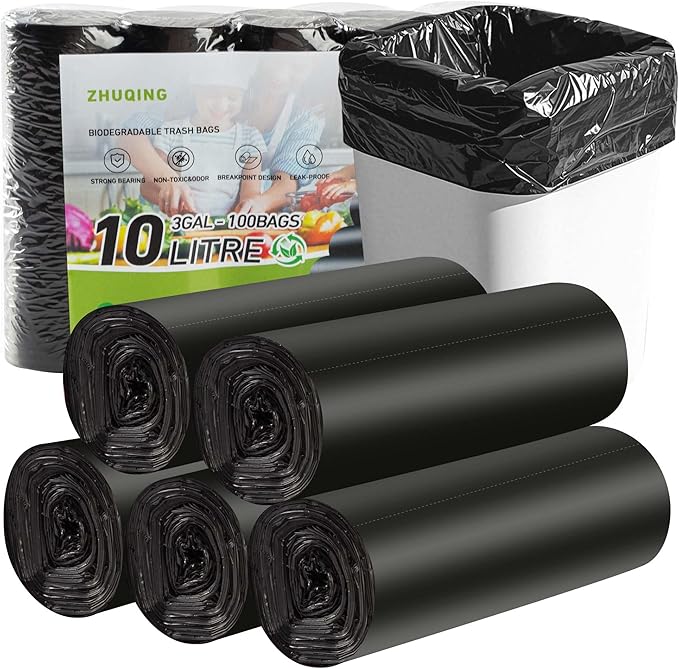 Zhuqing 3 Gallon Trash Bags, 10L Biodegradable Garbage Bags, 100 Counts Compost Wastebasket Liners Bags for Kitchen Bathroom Office, Black