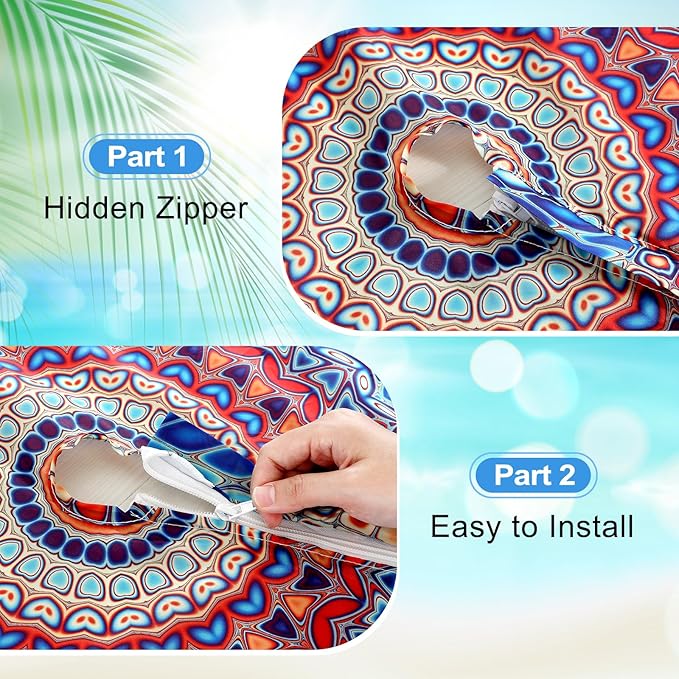 2 Pcs Round Outdoor Tablecloth with Umbrella Hole - Anti-Wrinkle Polyester Tablecloth with Elastic Zipper Table Cover for Summer Patio Camping Party(36''-44'',Mandala)