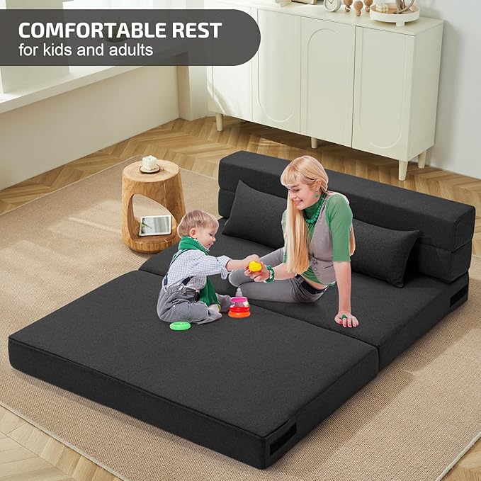 Folding Sofa Bed with Pillows- Convertible Chair Floor Couch & Sleeping Mattress, Foldable Memory Foam Sleeper for Living Room/Dorm/Guest Room/Home Office/Apartment/Loft, Full, Dark Gray