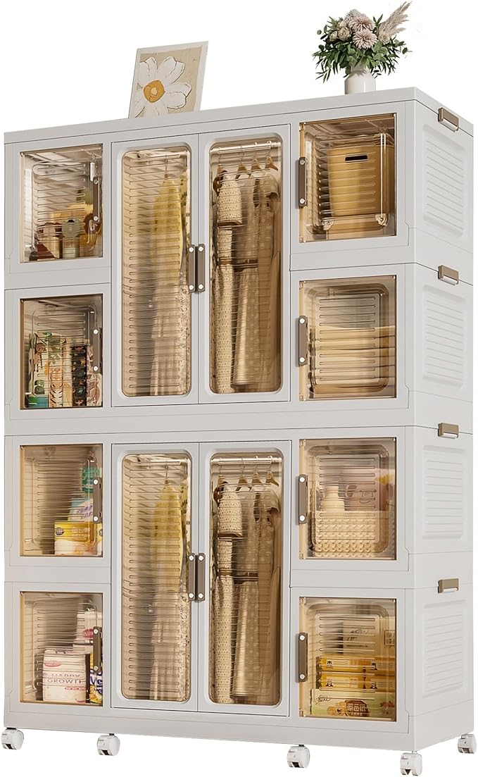 Portable Wardrobe Closet Storage Organizer for Clothes, Plastic Collapsible Closet Organizer with Magnetic Transparent Door, for Living Room Bedroom,Easy Assemble,8 Cubes & 2 Hanging Rod