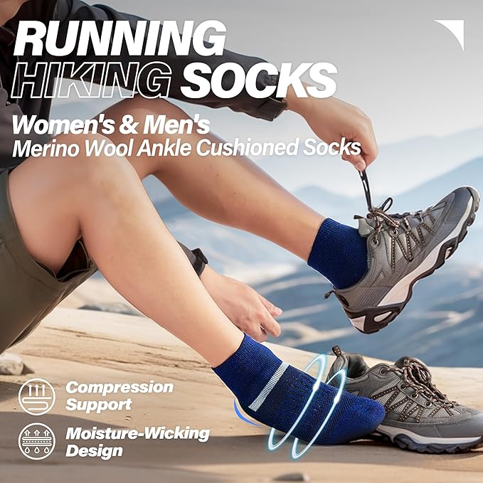6 Pairs Merino Wool Ankle Running Hiking Socks Compression Support Breathable Thick Cushion No Show Socks for Women Men