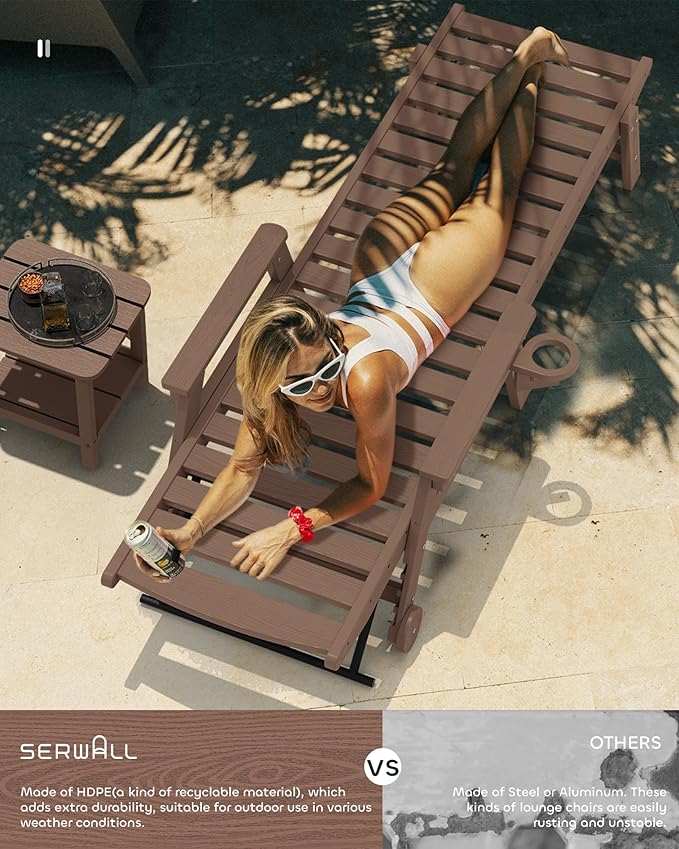 SERWALL Patio Chaise Lounge Chair, 78'' Long HDPE Outdoor Lounge Chair 5 Positions Adjustable Outdoor Lounger, Poly Lounge Chair with Rolling Wheels & Cup Holder for Pool, Coffee Brown