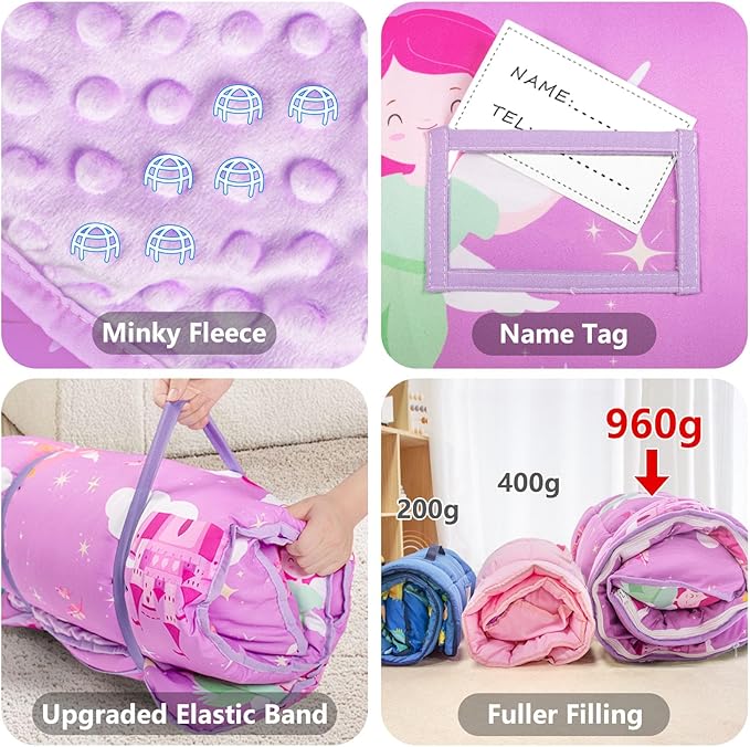 Primlect Toddler Nap Mat Extra Large Thickened 55''x35'', Soft Sleeping Bag with Detachable Minky Blanket and Pillow, Portable for Daycare, Preschool, Kindergarten, Travel, Boys and Girls