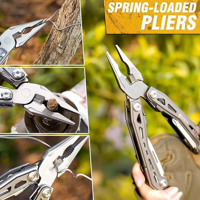 BIBURY Multitools BI2043, 17-in-1 Portable Multitool Foldable Spring-Loaded Pliers with Scissors, Can Opener & Screwdriver, EDC Tools for Camping, Outdoor Activities, Home Repair - Titanium Plating