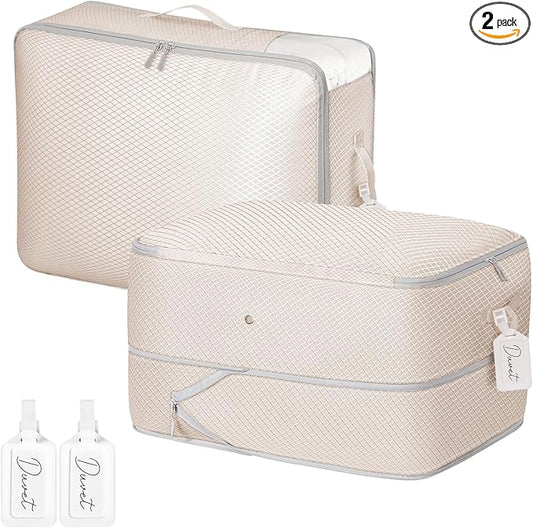 DIMJ 66L Comforter Storage Bag - 2 Pack Space Saving Self Compression Bags for Blankets, Duvets, Pillows, Bedding, and Down Jackets with Clear Window and Handle