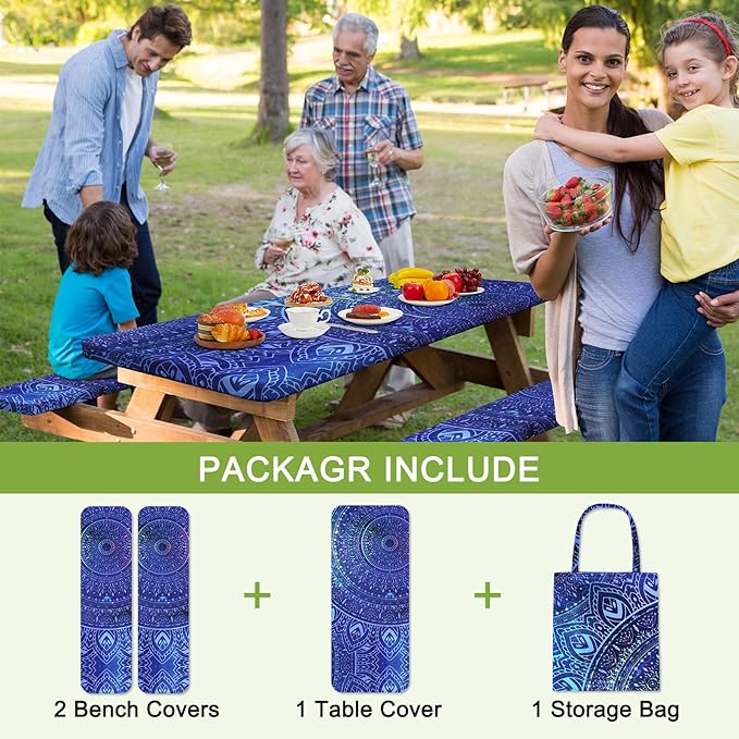 Picnic Table Cover with Bench Covers Camping Tablecloth with Storage Bag Windproof Waterproof Picnic Table Covers with Elastic for Camping