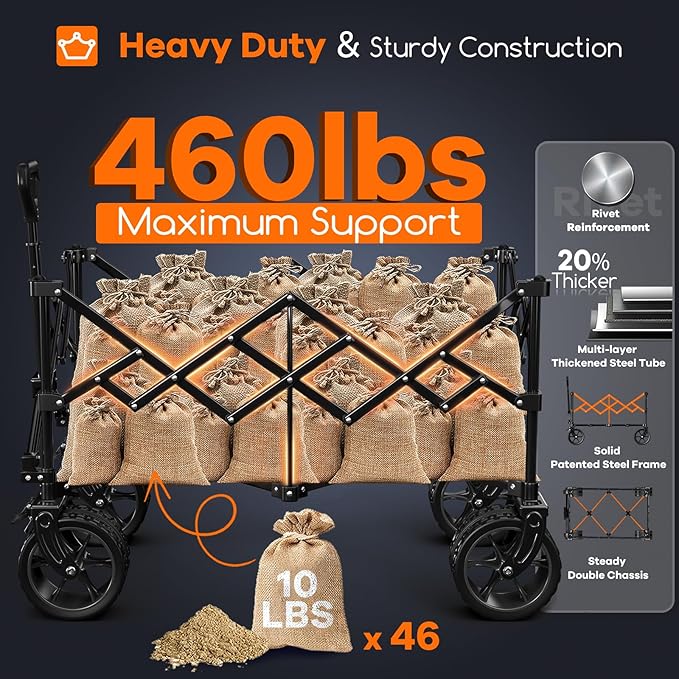 38"L Collapsible Wagon Cart Foldable, 460LB Weight Capacity 220L Heavy Duty Folding Beach Wagons with Big All-Terrain Wheels, Utility Carts for Groceries, Shopping, Camping, Sports - Black