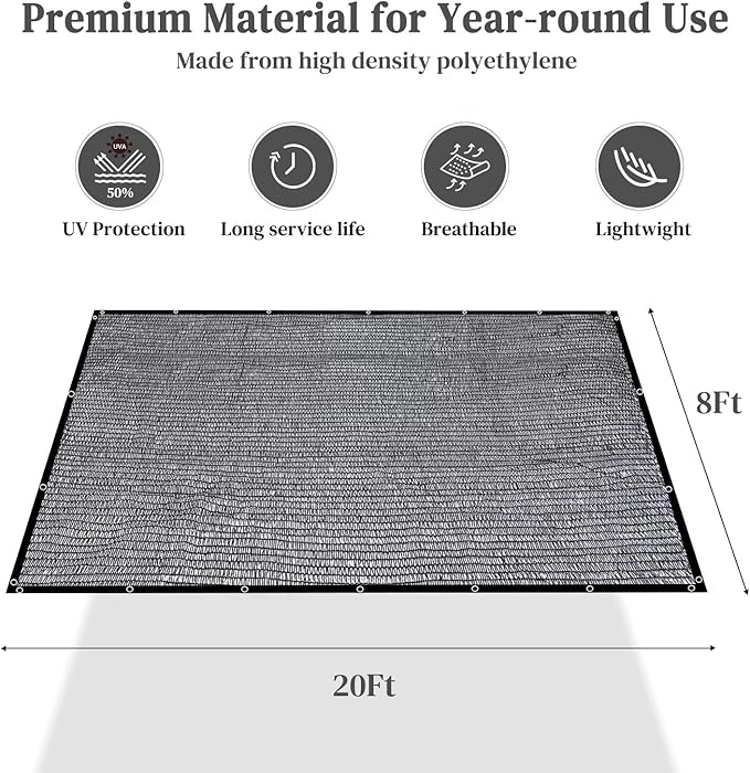 Garden 50% Shade Cloth, 8 x 20 FT Sun Shade Mesh Tarp with Reinforced Grommets, Durable HDPE Material Outdoor Shade Cloth for Plants, Greenhouse, Pergola and Backyard Patio Sunshade