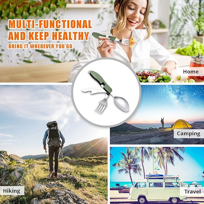 HIKENTURE 4-in-1 Camping Utensils,Stainless Steel Spoon Fork Knife Combo with Bottle Opener,Backpacking Eating Cutlery for Traveling,Hiking,Scouting Hobo Multitool Set (Army Green)
