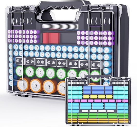 Battery Organizer Storage Holder Box Case with Tester, Stores & Protects Up to 260 Batteries, Double-Clear Locking Lid, Holds AA AAA C D and More (Not Includes Battery Pack) - Black