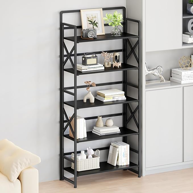 No Assembly Folding Bookshelf, 5 Tiers Vintage Wood Collapsible Book Shelf for Storage,Industrial Metal Foldable Bookcase Organizer for Living Room Bedroom Home Office (Black)