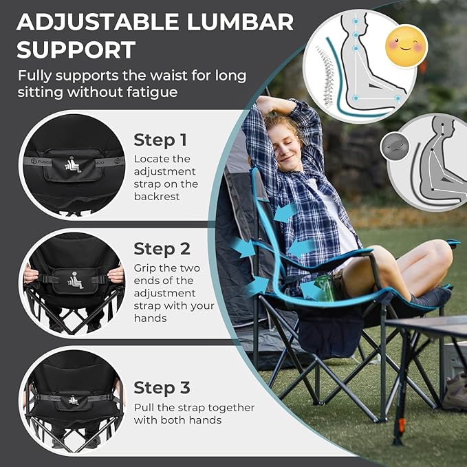 FUNDANGO Oversized Camping Chair for Adults, Heavy Duty Portable Foldable Lawn Chair with Padded Seat & Back, Lumbar Support, 4-can Cooler & Cup Holder, Carry Bag Included for Outdoor (Black)