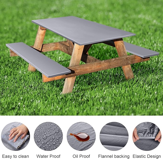 3 Pcs Picnic Table and Bench Fitted Tablecloth Cover for 6 Ft Table 30 x 72 Inch Vinyl Fitted Elastic Edges Waterproof Wipeable Tablecloth for Indoor Outdoor Travel Picnics Patio Camping (Grey)