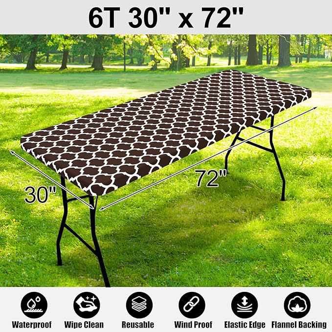 Smiry Rectangle Picnic Table Cover, Waterproof Elastic Fitted Camping Tablecloths for 6 Foot Tables, Wipeable Flannel Backed Vinyl Tablecloth Protector for Indoor, Outdoor (Coffee, 30x72 Inches)