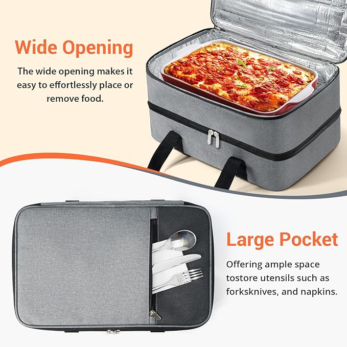 Double Insulated Casserole Carrier for Hot or Cold Food,Pie Carrier Bag Lunch Tote for Potluck Parties/Picnic/Cookouts, Fits 9"x13" Baking Dish, Grey