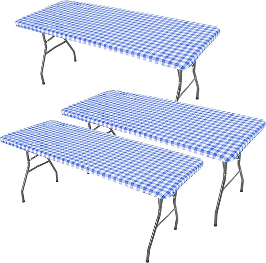 3 Pcs Plastic Picnic Table Cover Checkered Tablecloth Fitted Rectangular Table Cloth 30 x 72 Inch Vinyl Waterproof Flannel Backed with Elastic Rim for Indoor Outdoor Picnic Party(Blue and White)