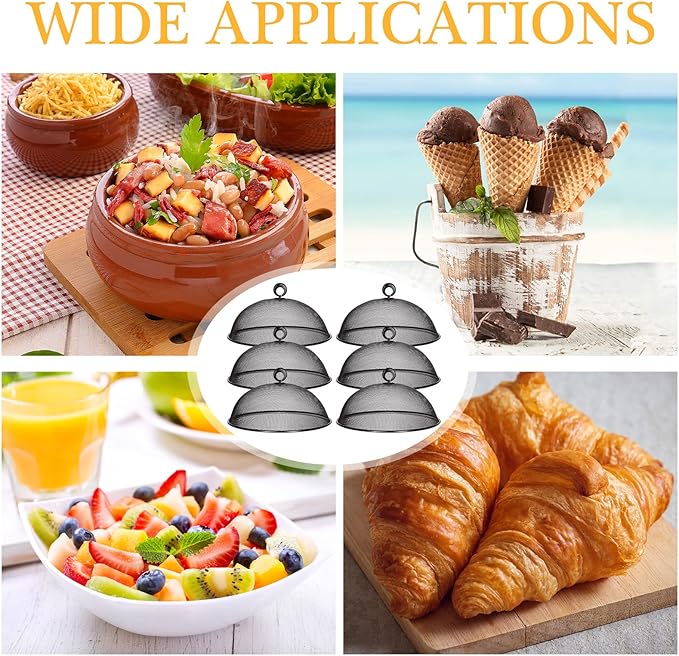 Gerrii 6 Pcs Metal Mesh Food Cover Outdoor Mesh Food Tents Dome Screen Plate Covers for Dinner Plates Reusable Fruit Fly Nets Picnic Food Umbrella for Table, BBQ, Camping, Party (Black,11 Inch)