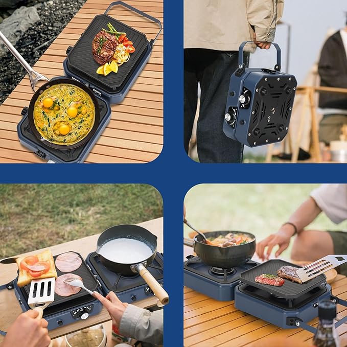 2 Burner Propane Stove Compatible with Propane Cylinders,2 Burner Camp Stove with Griddle and 16000 BTU Adjustable Burners,Portable Camping Stove Propane with Carry Bag and Handle for Camping (Blue)