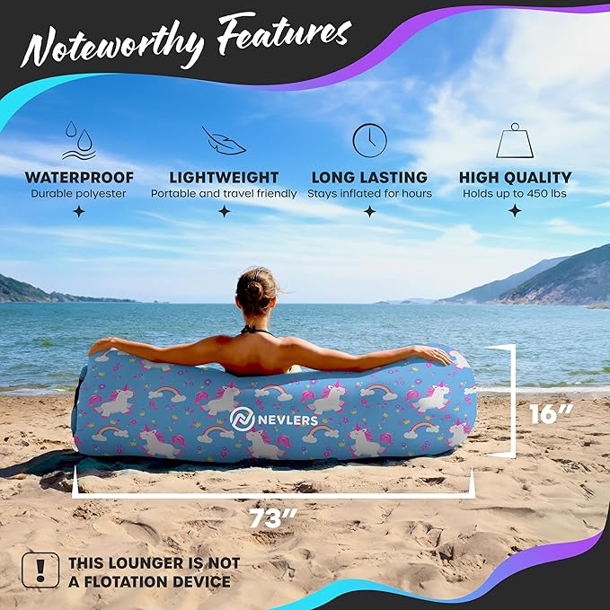 Nevlers Inflatable Lounger | 210T Polyester Inflatable Chair | No-Pump Blow Up Couch | Camping Couch Air Sofa Bed w/ 450 lbs. Cap., Pockets & Matching Bag | Use as Inflatable Couch for Adults & Kids