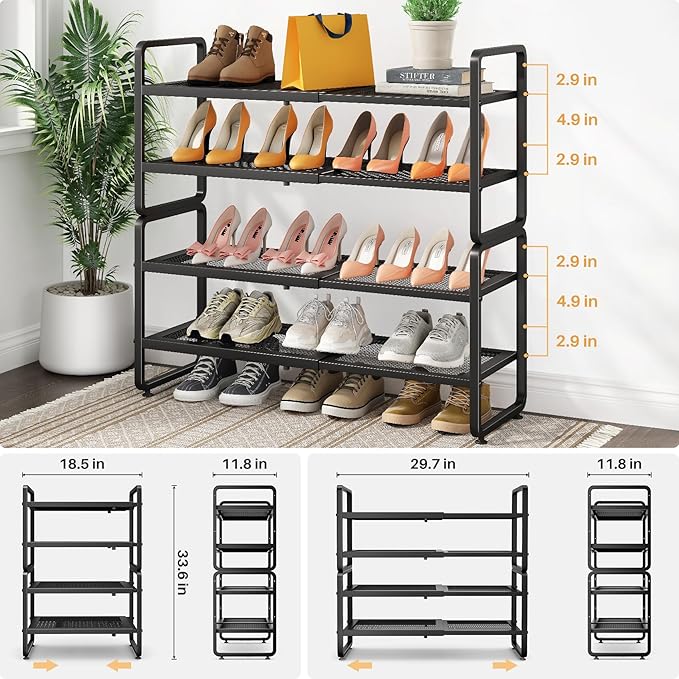 Shoe Rack - Expandable Shoe Organizer for Closet, Adjustable Metal Shoe Shelf Storage, 4 Tier Stackable Long Shoe Stand Holder for Garage, Entryway, Door Entrance, Black