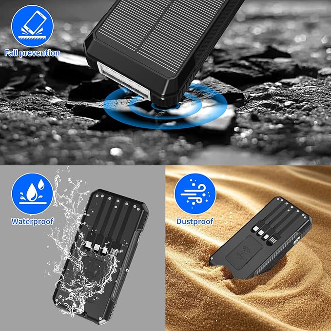Solar Charger Power Bank 49800mAh, Portable Phone Charging Built-in 4 Cables 22.5W Fast Charging for Cell Phones, Type-C input/Output Port Solar Panel Charger with Dual Flashlights&Compass for Camping