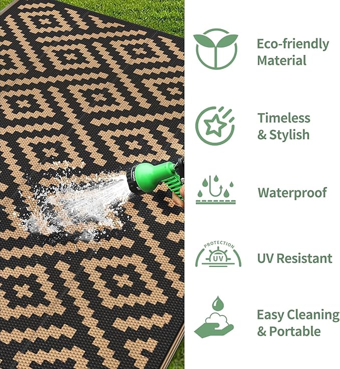 GENIMO Outdoor Rug for Patio Clearance, 9'x18' Waterproof Camping Mat, Reversible Plastic Straw Rugs for RV, Camper, Balcony, Backyard, Picnic, Deck (Black & Brown)