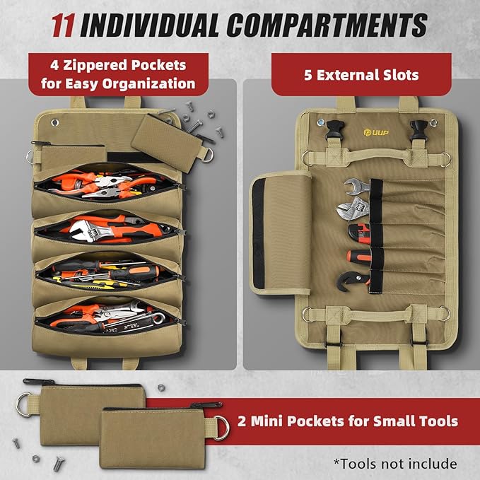 Tool Bag Roll Up, UUP Heavy Duty Rolled Empty Tool Storage Organization, Portable Foldable Rollup Organizer with 2 Small Pouches, Rollable Carrying Toolbag, Dad Men Mechanic Birthday Gifts, Khaki