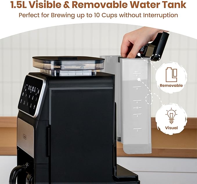 Gevi 10 Cup Drip Coffee Maker with Built-in Grinder, Grind ＆ Brew Burr Combo Coffee Machine with Touch Screen, Programmable, 4-Hour Warm Plate, Permanent Filter, Coffee Carafe