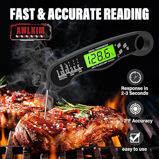 Digital Meat Thermometer - Fast Instant Read Food Thermometer, Waterproof Kitchen Thermometer with Backlight & Hold Function for Cooking, Candy Making, Outside Grill