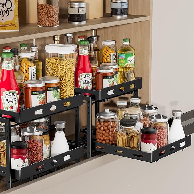 Pull Out Spice Rack Organizer for Cabinet, 2 Tier Cabinet Spice Rack Organizer, Height Adjustable Vertical Spice Rack for Kitchen Cabinet (11.9''Wx10.8''Dx9.2''H, Metal Black)