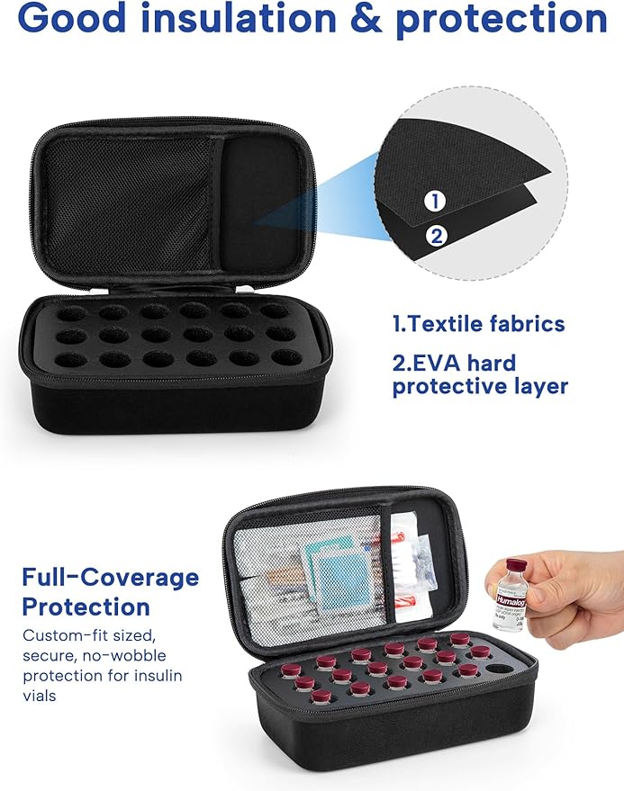 YOUSHARES Insulin Vials Refrigerator Storage Case - 10ml Peptide Vial Protective Holder for Fridge, 18-Slots Diabetic Insulin Small Bottle Organizer Bag Compatible with U-100 Vials