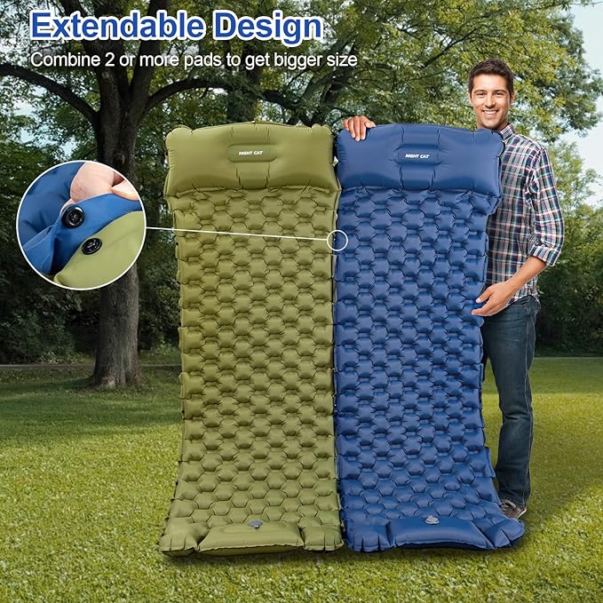 Night Cat Inflatable Sleeping Pads Mat Bed with Pillow Foot Pump for Camping Backpacking Hiking Ultra-Light Compact Comfortable Extendable 77"x25.5"